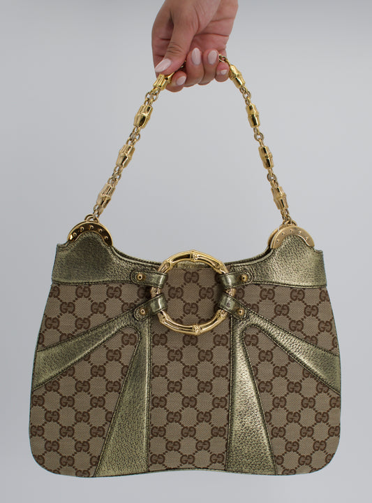 Rare Vintage Gucci Metallic Monogram Bamboo Chain Tom Ford Shoulder Bag