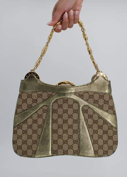 Rare Vintage Gucci Metallic Monogram Bamboo Chain Tom Ford Shoulder Bag