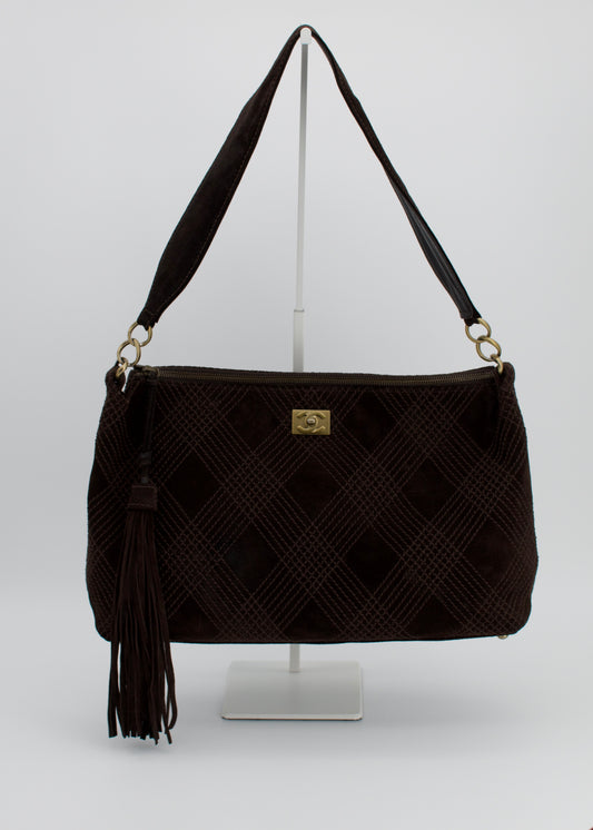Vintage Chanel Quilted Brown Suede Tassel Hobo Bag