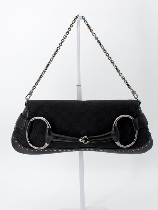 Vintage Gucci GG Canvas Horsebit Chain Large Shoulder Bag