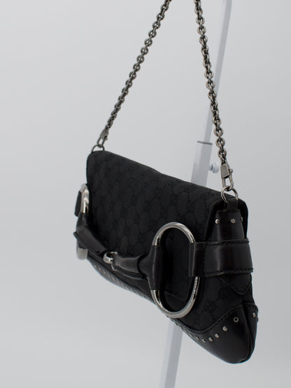 Vintage Gucci GG Canvas Horsebit Chain Large Shoulder Bag
